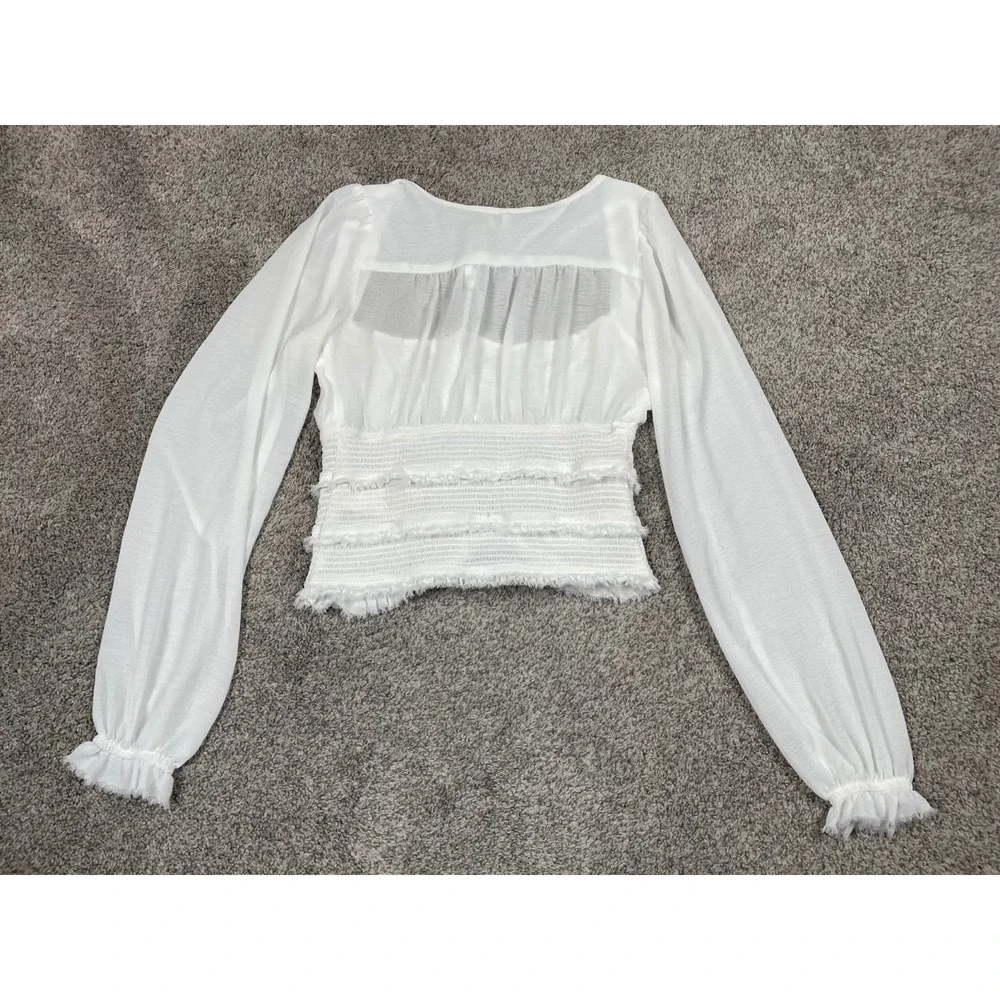 Free People Shirt Womens XS White Lolita Smocked Fringe Milkmaid Sheer Fairy Top